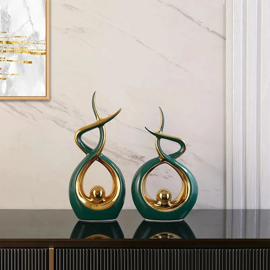 Elegant Green Ceramic Sculpture Statue - Set of 2