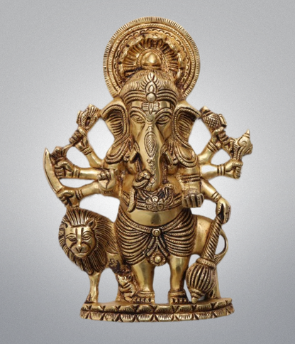 Brass Wall Hanging Drishti Ganesha, Ganesha with Lion Statue Wall Hanging